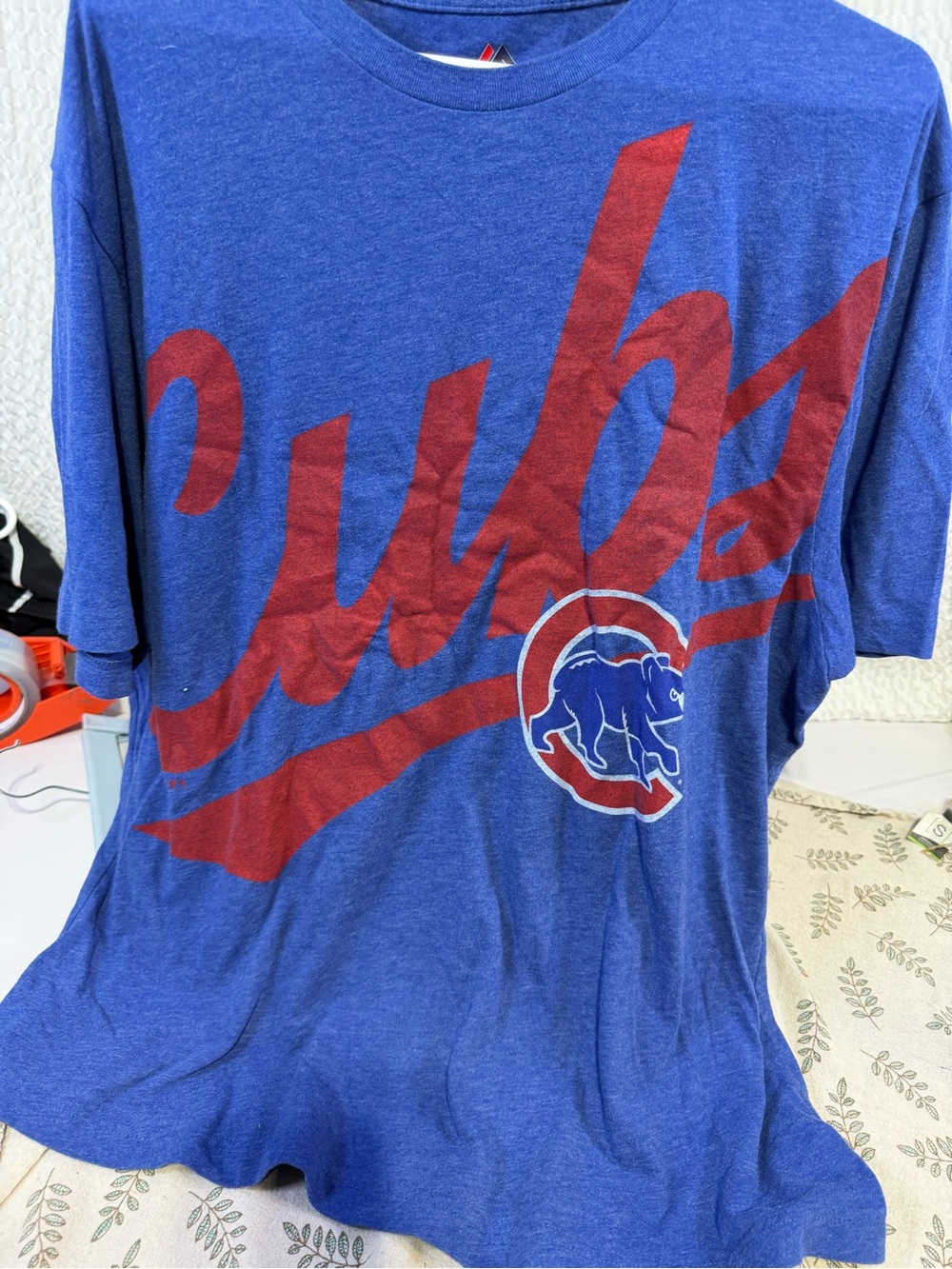Majestic Royal Blue Tee with Red Cubs Script and Bear Logo